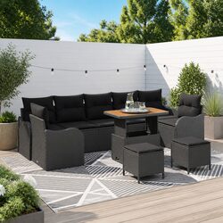 10-Piece Black Poly Rattan Garden Sofa Set with Cushions
