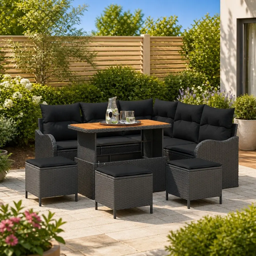 9 Piece Modular Poly Rattan Patio Sofa Set with Powder-coated Steel Frame and Acacia Wood Surfaces in Black