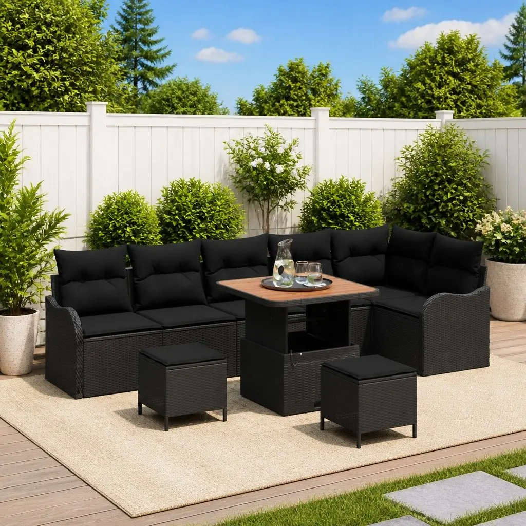 9-Piece Outdoor Sofa Set in Black Poly Rattan