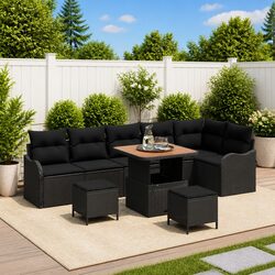 Modern 9-Piece Outdoor Sofa Set in Black Poly Rattan