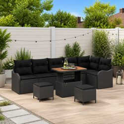 Black Poly Rattan 9-Piece Garden Sofa Set with Acacia Wood