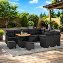 Black 12-Piece Outdoor Garden Sofa Set with Poly Rattan