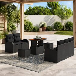 8-Piece Black Poly Rattan Garden Sofa Set with Cushions