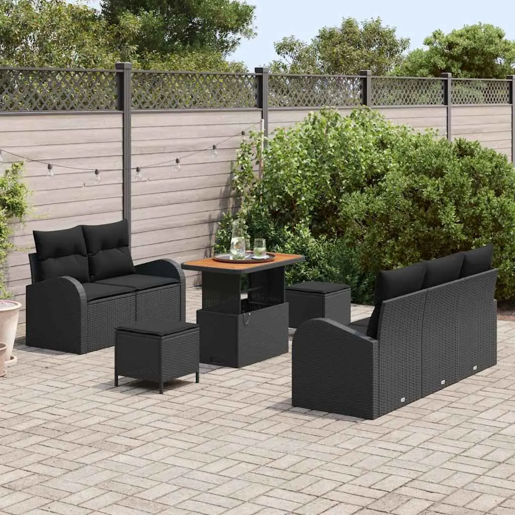 8-Piece Black Poly Rattan Garden Sofa Set with Cushions