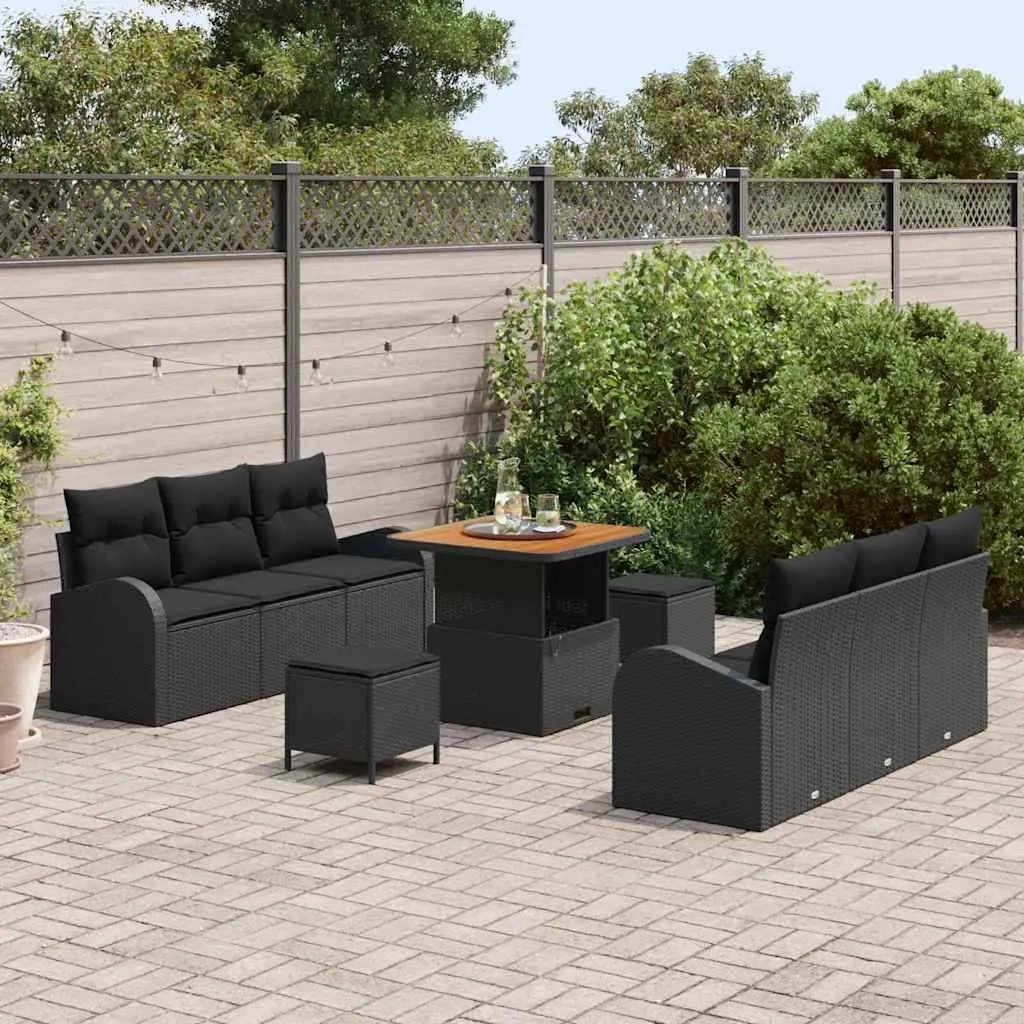 9pc Black Modular Garden Sofa Set with Adjustable Table