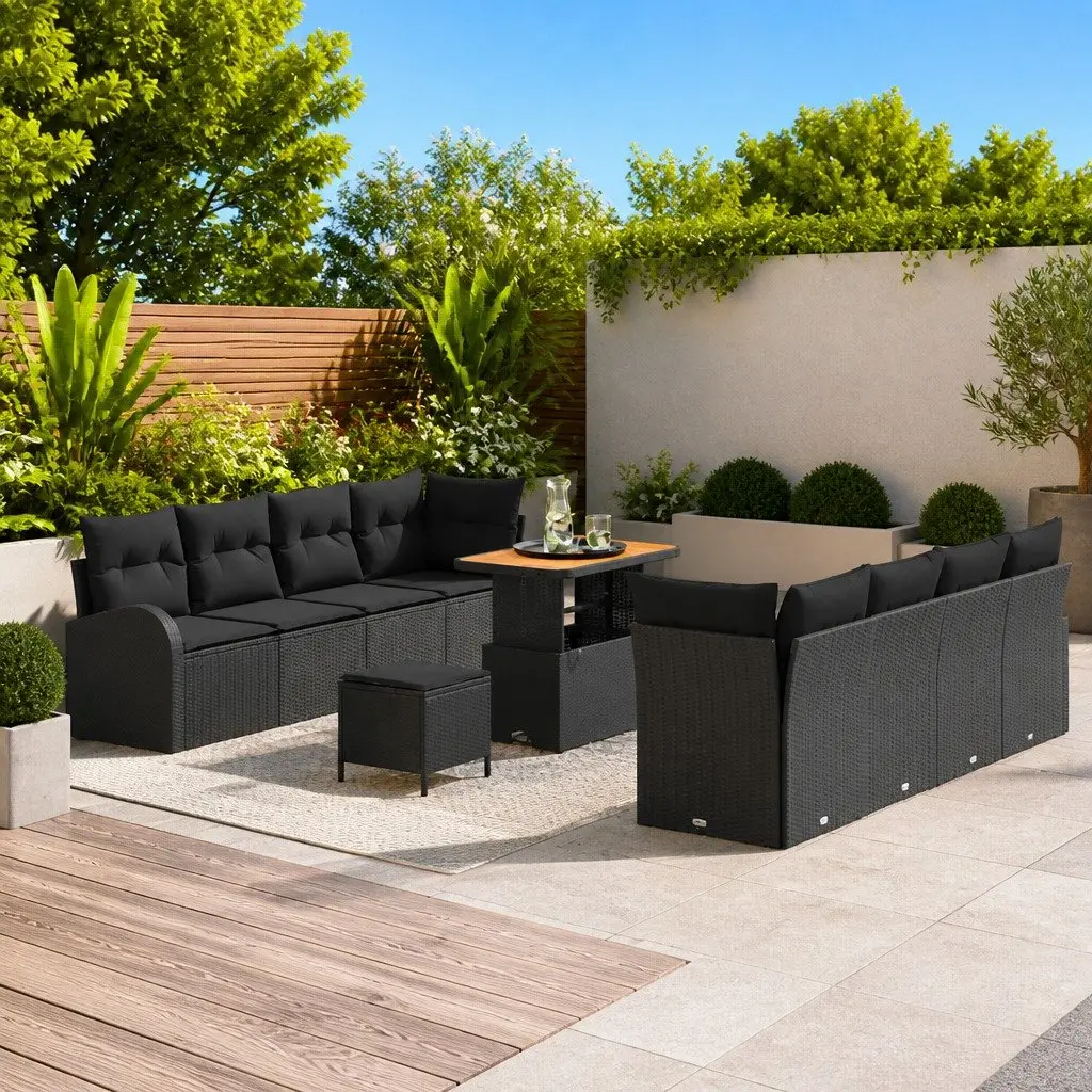 Black 11-Piece Garden Sofa Set with Cushions