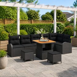 Durable 9-Piece Black Poly Rattan Garden Sofa Set