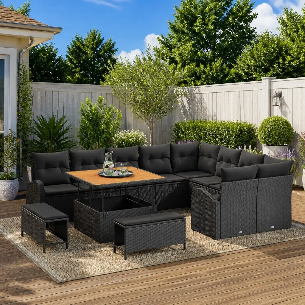 12-Piece Black Poly Rattan Garden Sofa Set