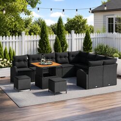 12-Piece Black Poly Rattan Garden Sofa Set with Cushions