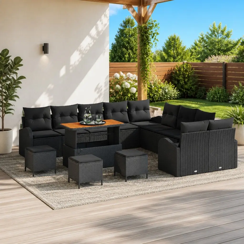 14-Piece Black Poly Rattan Garden Sofa Set