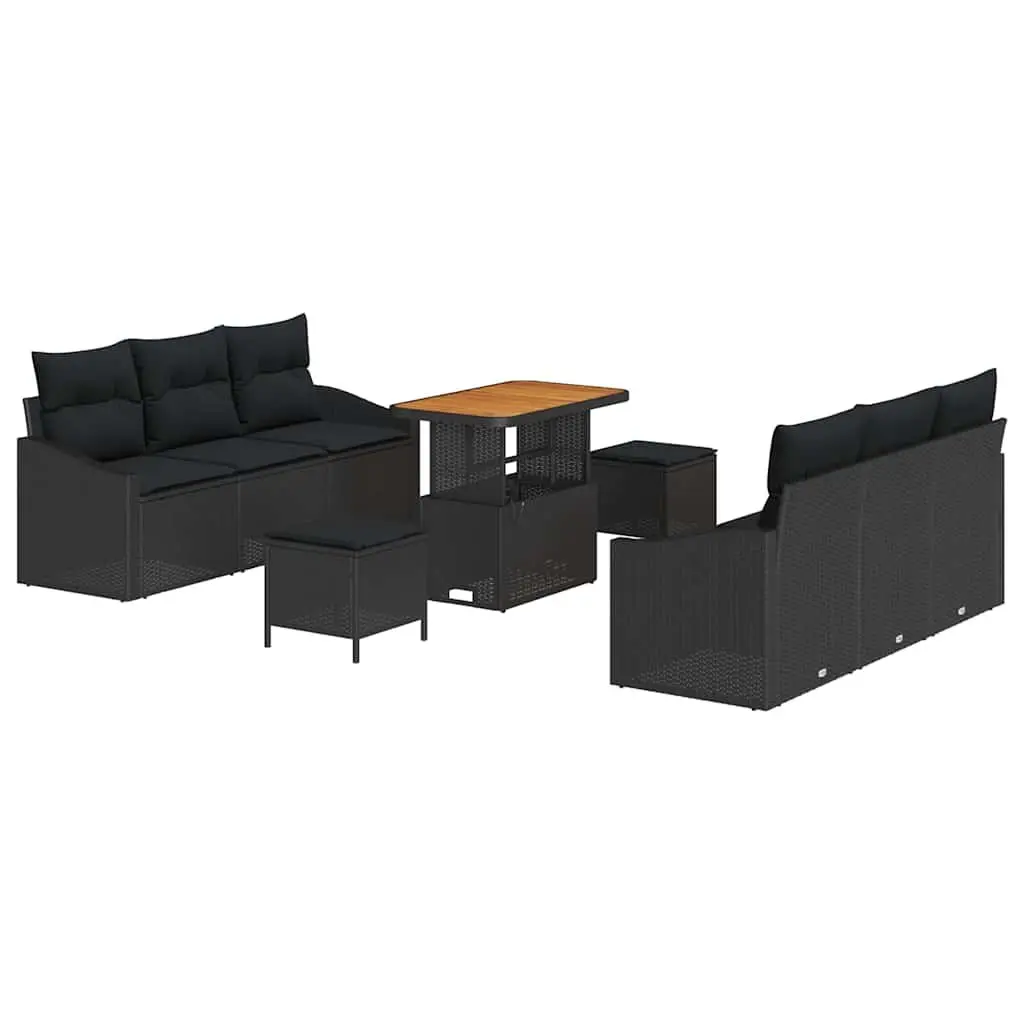 9-Piece Black Poly Rattan Garden Sofa Set