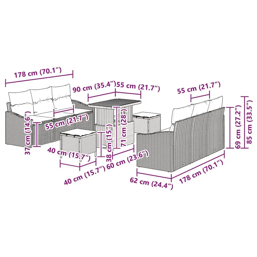 9-Piece Black Poly Rattan Garden Sofa Set