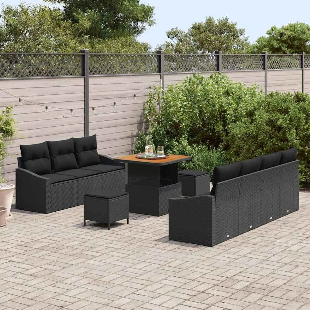10 Piece Outdoor Garden Sofa Set Poly Rattan Frame Polyester Cushions Black