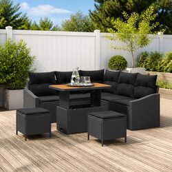 8-Piece Black Poly Rattan Outdoor Sofa Set with Cushions