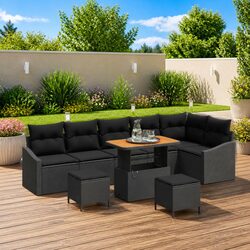 Black Poly Rattan Outdoor Garden Sofa Set - 9 Pieces