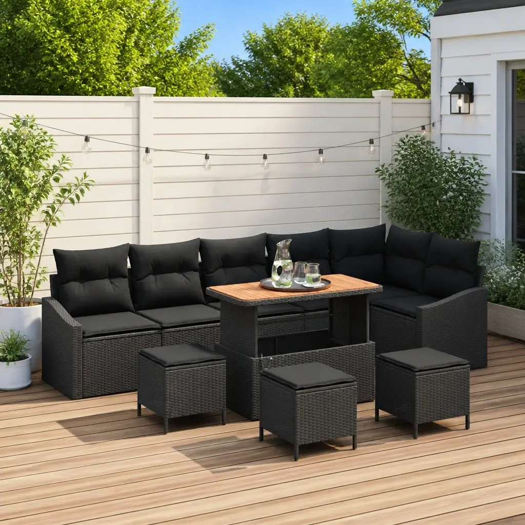 Black Poly Rattan 10-Piece Garden Sofa Set with Table
