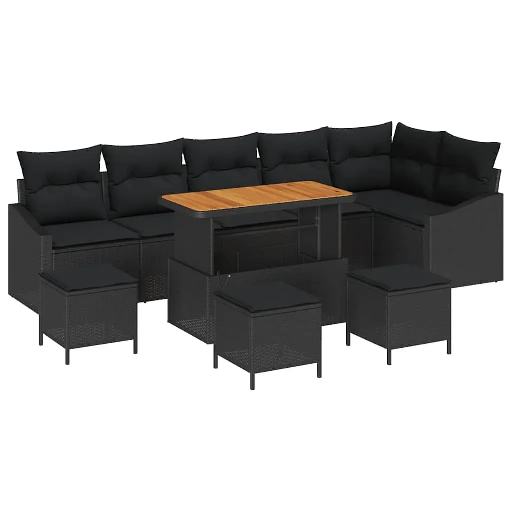Black Poly Rattan 10-Piece Garden Sofa Set with Table