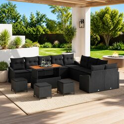 14-Piece Black Poly Rattan Modular Garden Sofa Set