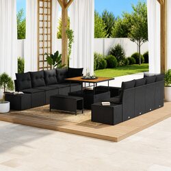 11-Piece Black Poly Rattan Garden Sofa Set