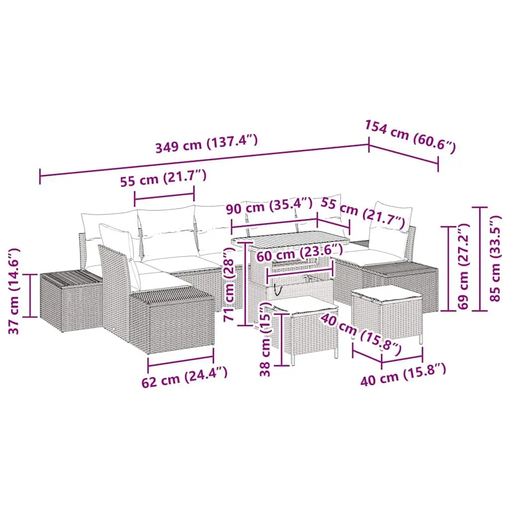 10-Piece Modular Black Poly Rattan Garden Sofa Set