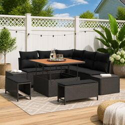 8-Piece Modular Rattan Outdoor Sofa Set in Black