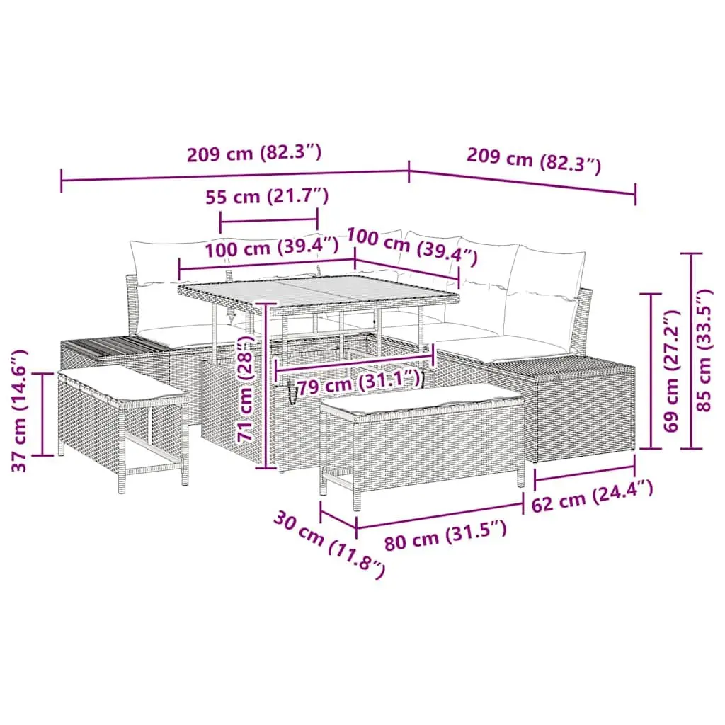 8-Piece Modular Rattan Outdoor Sofa Set in Black