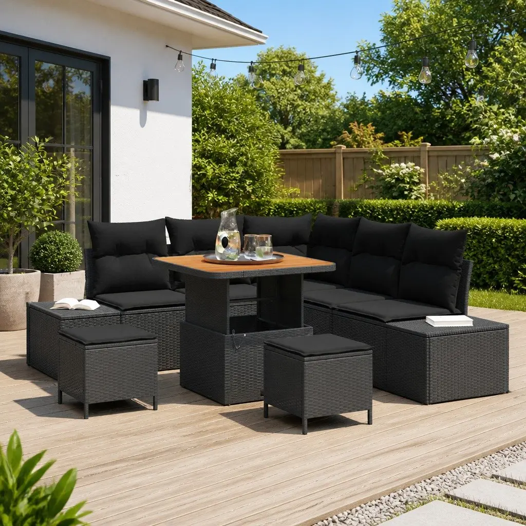 Outdoor Sofa Set Poly Rattan 8 Pieces Modular Black with Acacia Wood Table