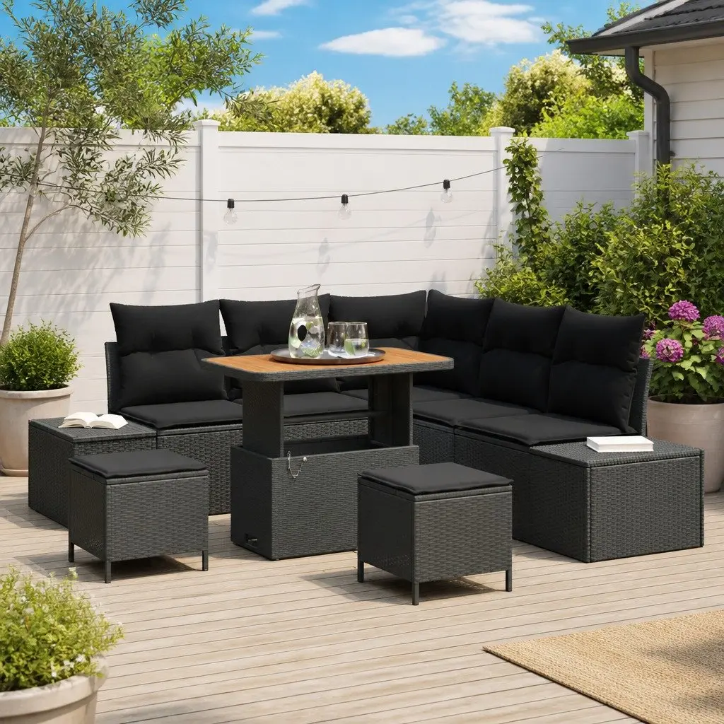 8-Piece Black Modular Garden Sofa Set with Cushions
