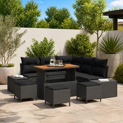 9-Piece Black Modular Rattan Garden Sofa Set