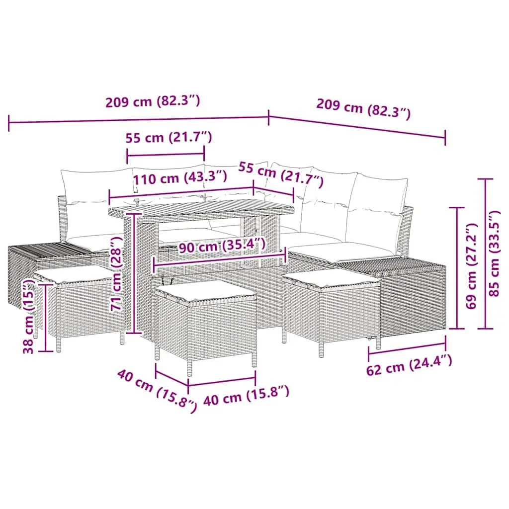 9-Piece Black Modular Rattan Garden Sofa Set