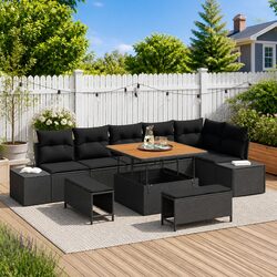 Durable 9-Piece Garden Sofa Set in Black Rattan