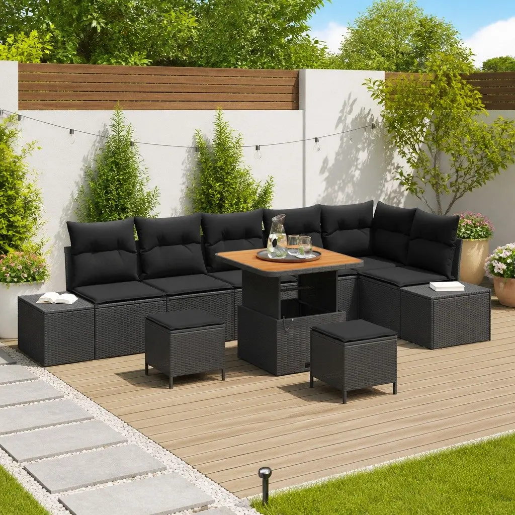 Outdoor Sofa Set Poly Rattan 9 Piece Black with Cushions