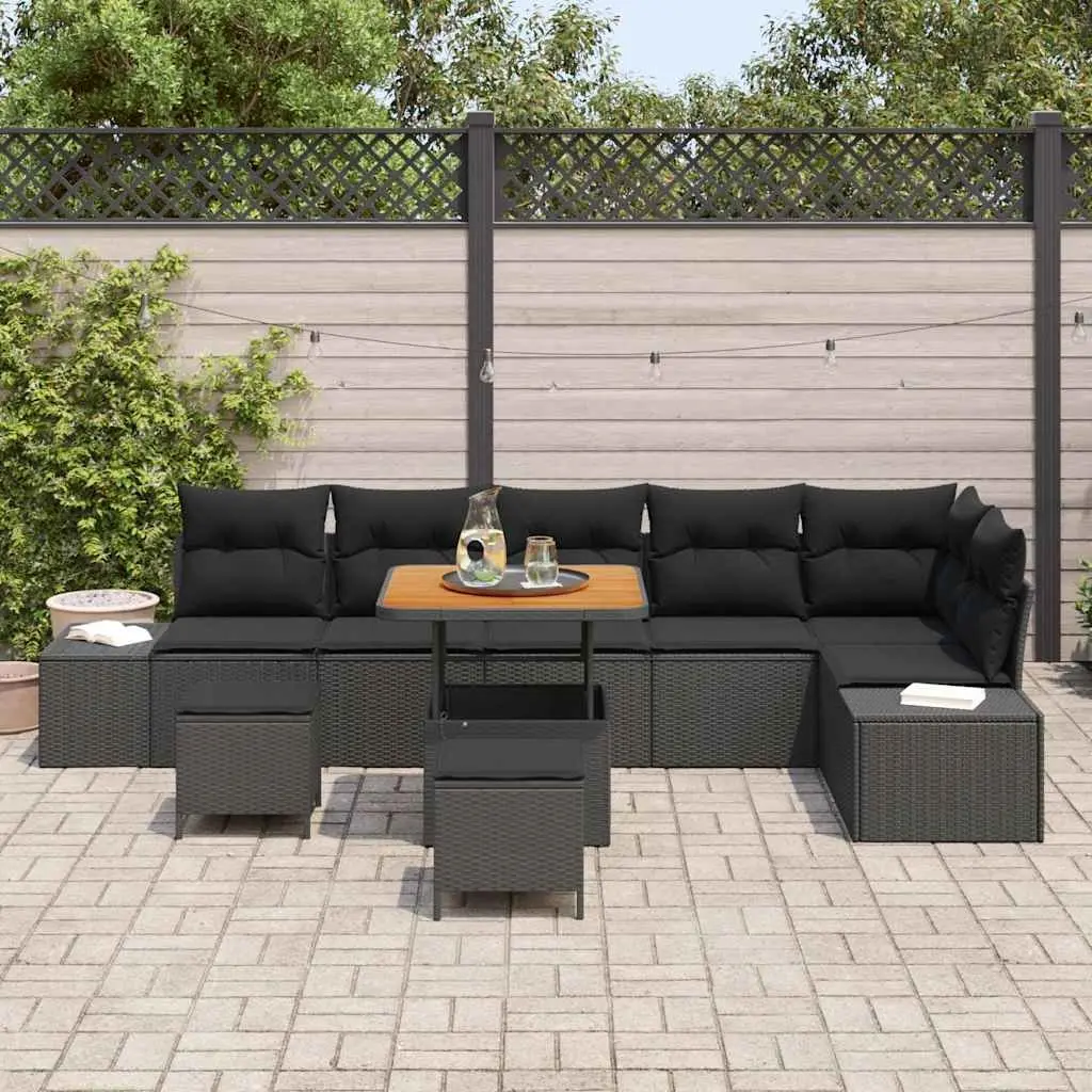 Outdoor Sofa Set Poly Rattan 9 Piece Black with Cushions