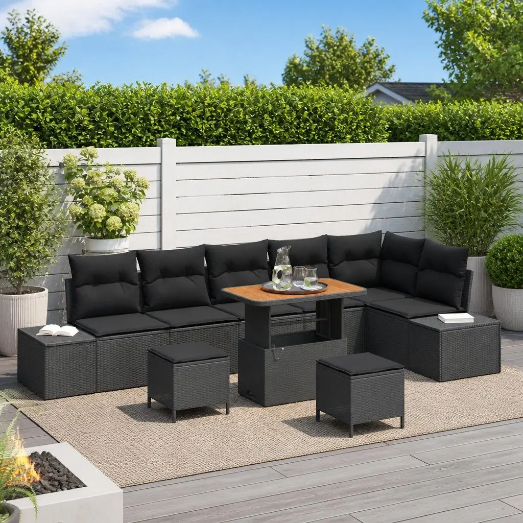 Garden Sofa Set Poly Rattan Solid Acacia Wood Powder-Coated Steel 9 Pieces Black Outdoor Furniture with Cushions