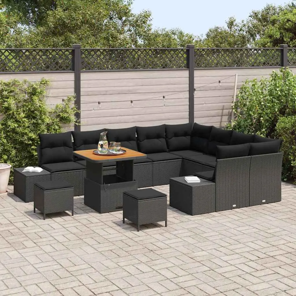 Outdoor Sofa Set Poly Rattan Steel Frame Acacia Wood 12 Piece Black