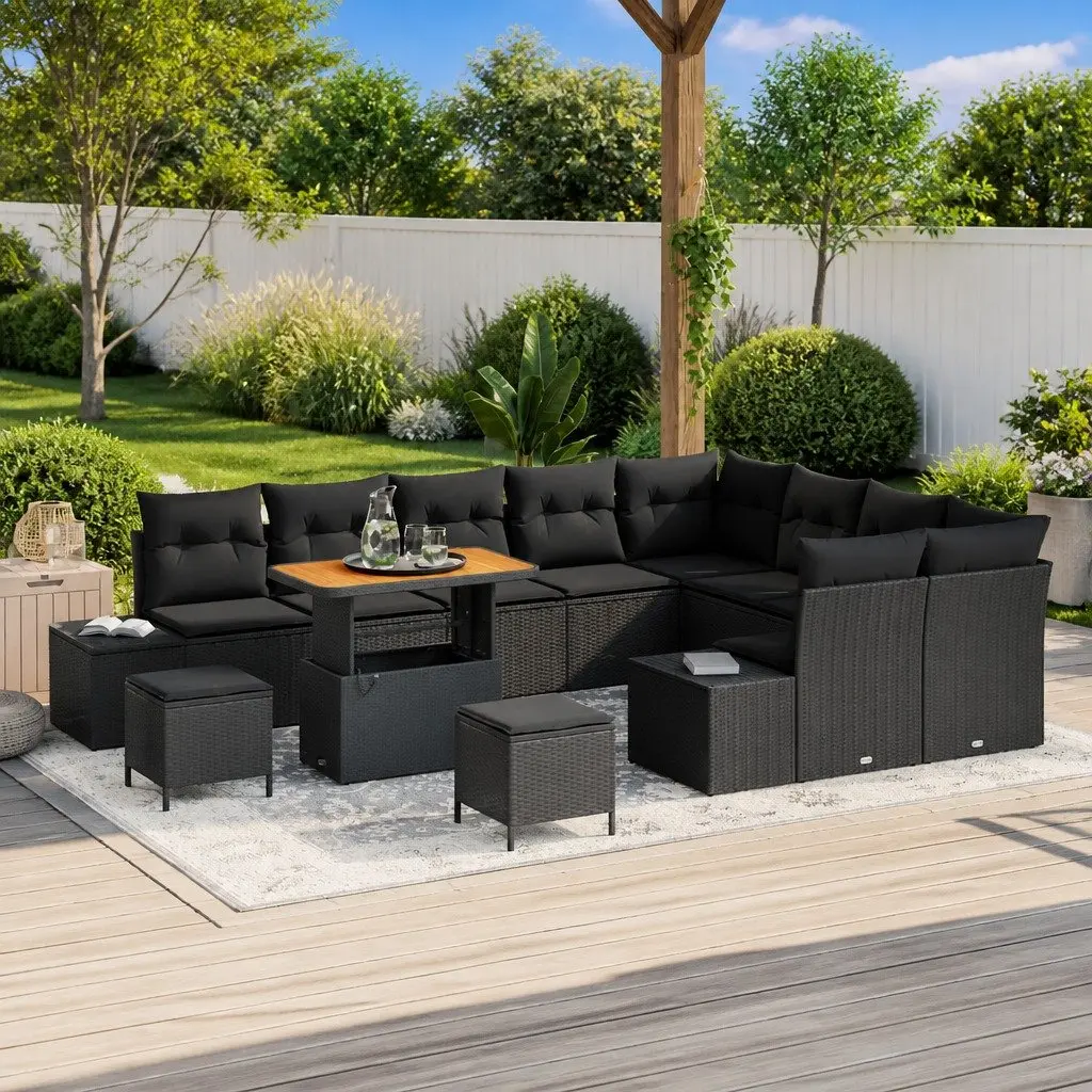 Black Poly Rattan Garden Sofa Set 12 Pcs with Table