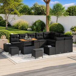Black Poly Rattan Garden Sofa Set 12 Pcs with Table