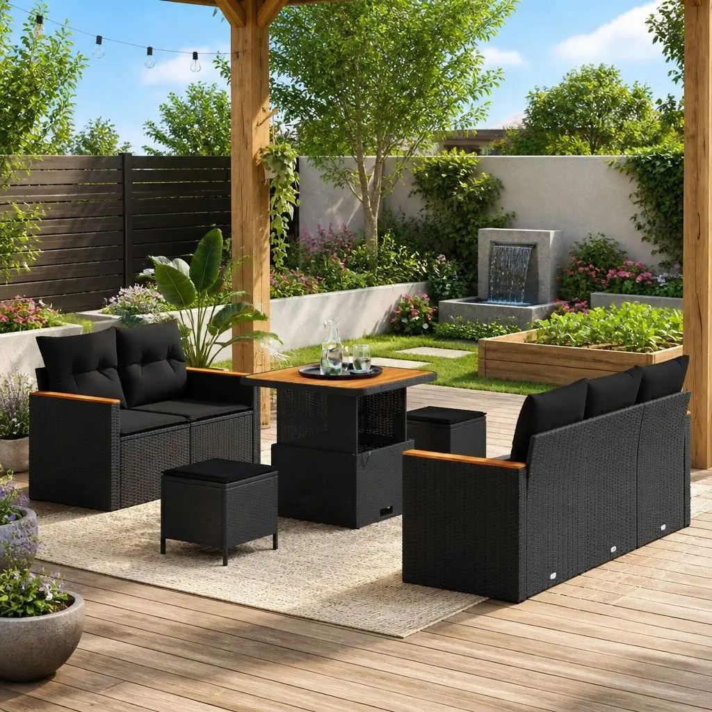 8-Piece Black Rattan Modular Garden Sofa Set