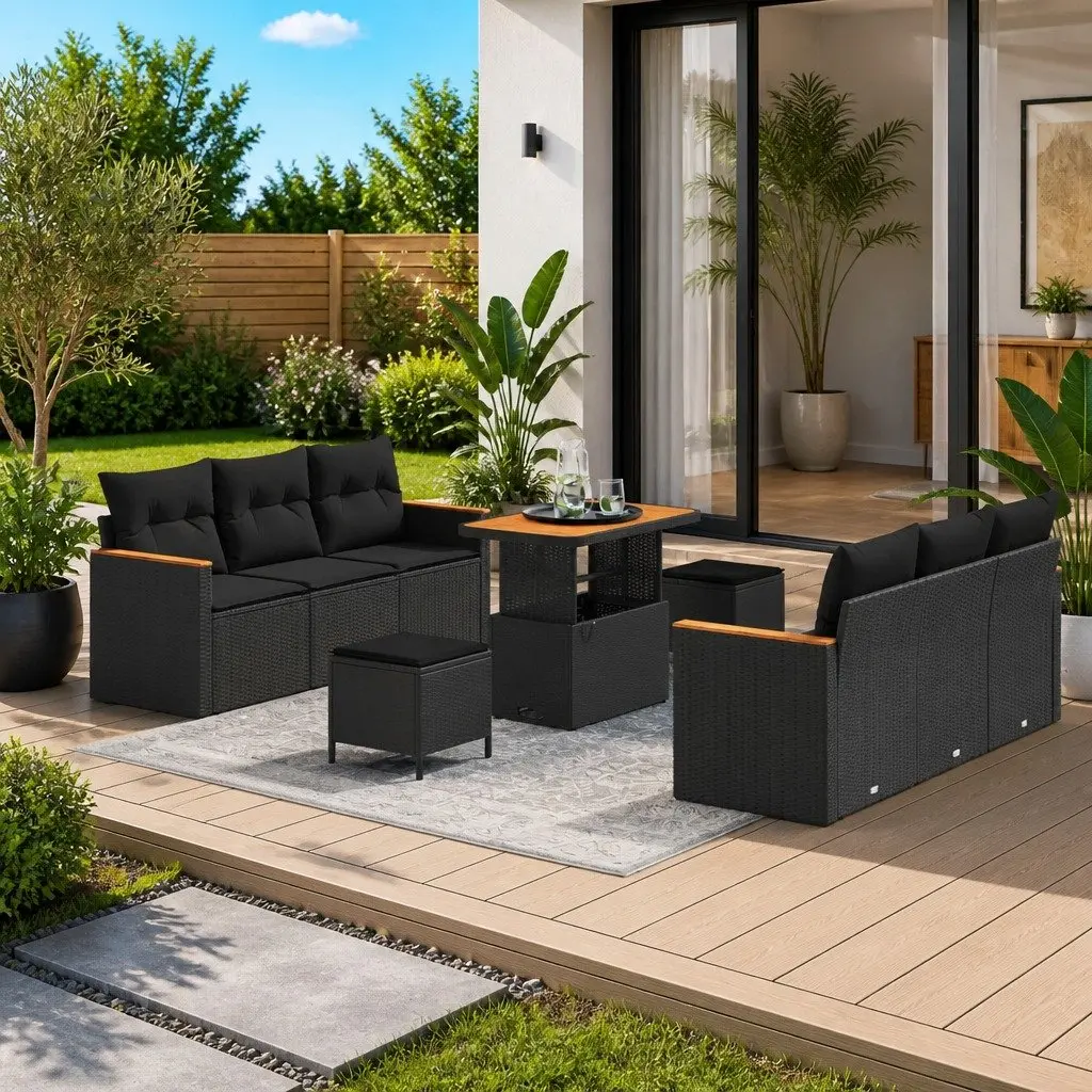 9-Piece Outdoor Garden Sofa Set in Black Rattan