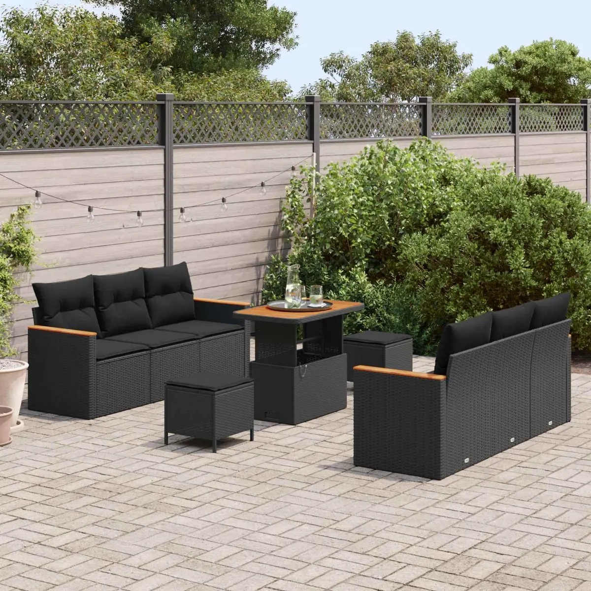 9-Piece Outdoor Garden Sofa Set in Black Rattan