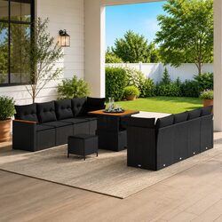 Modular Poly Rattan Garden Sofa Set 11 Pieces in Black