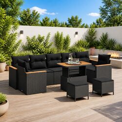 10-Piece Black Poly Rattan Modular Outdoor Sofa Set