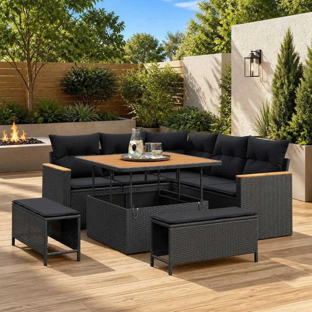 8-Piece Black Modular Rattan Garden Sofa Set