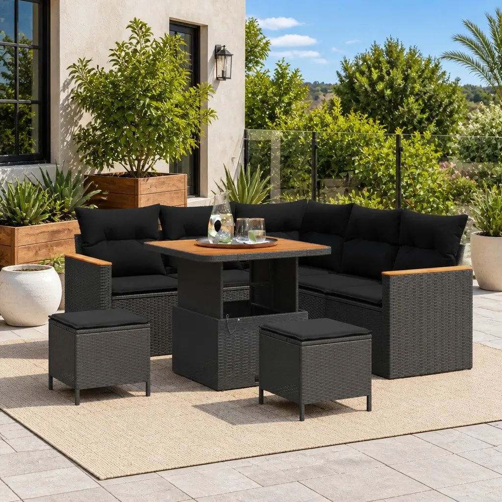 Modular 8-Piece Black Poly Rattan Garden Sofa Set