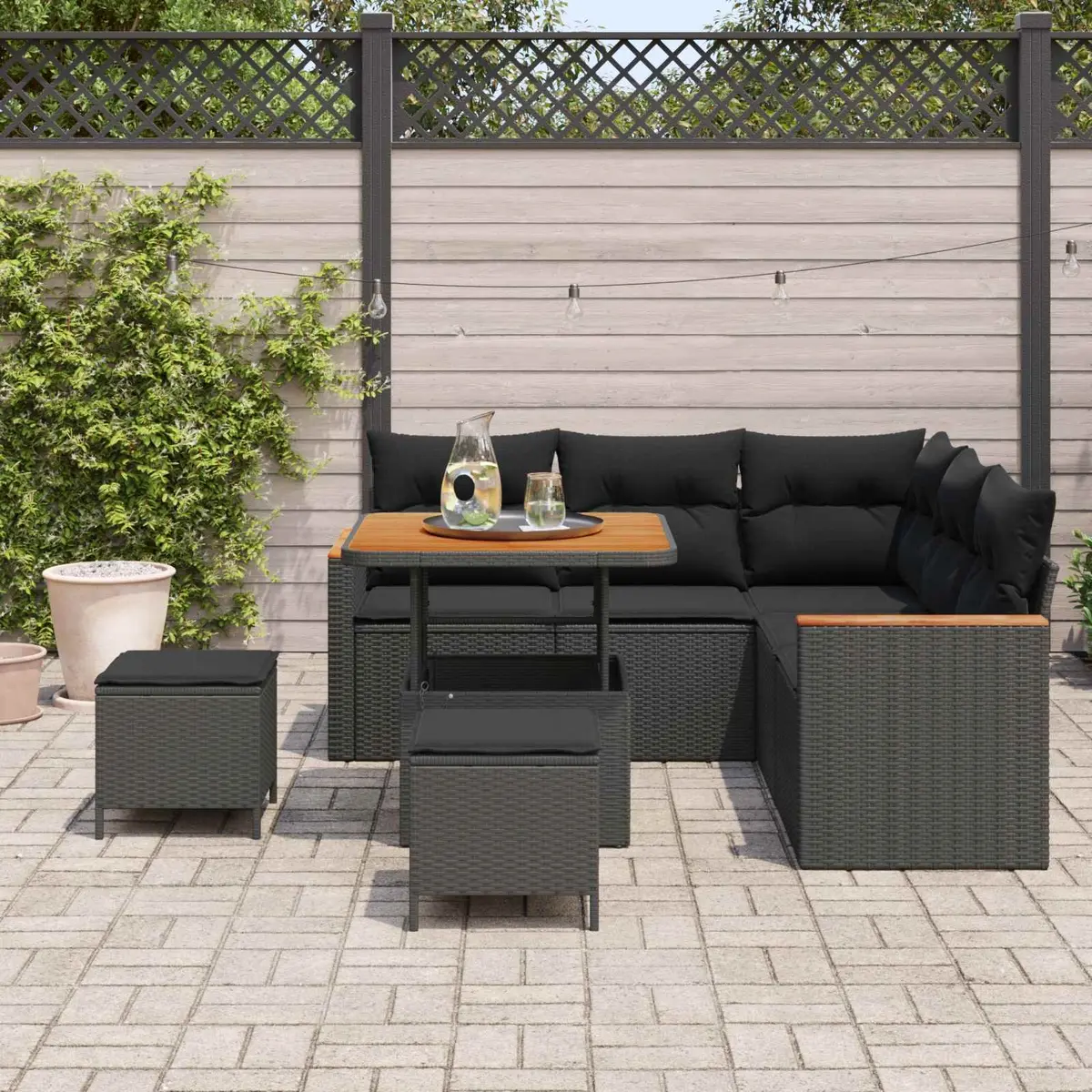 Modular 8-Piece Black Poly Rattan Garden Sofa Set