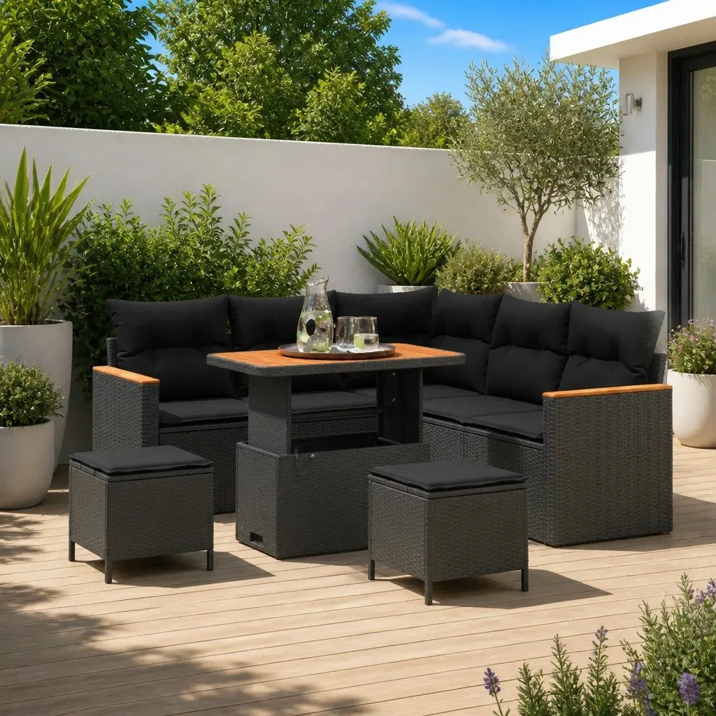 Garden Sofa Set Poly Rattan 8 Piece Modular Lounge Black