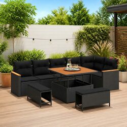 Durable 9-Piece Garden Sofa Set Black Outdoor Poly Rattan