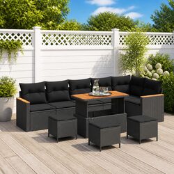 Black Poly Rattan 10-Piece Garden Sofa Set with Acacia Wood
