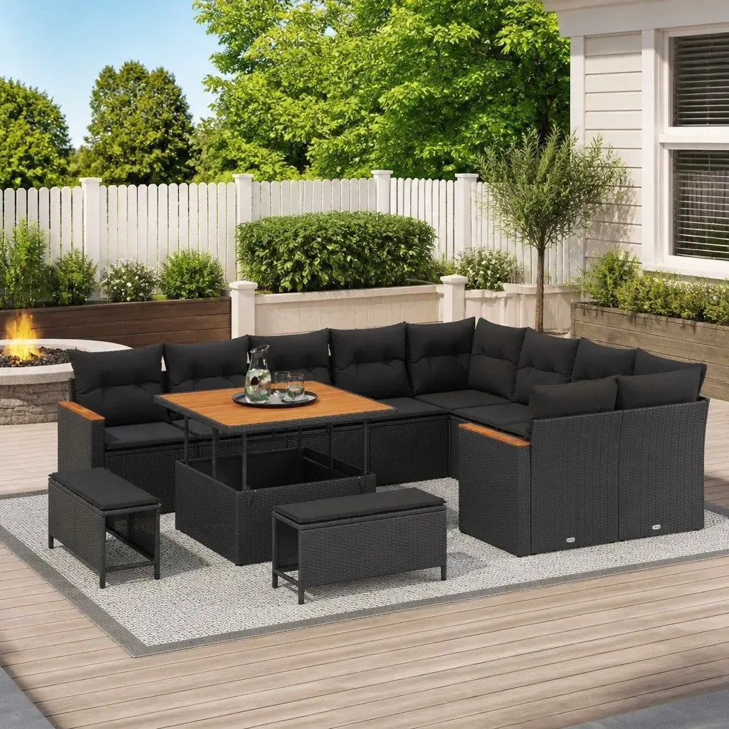 12 Piece Black Poly Rattan Outdoor Sofa Set