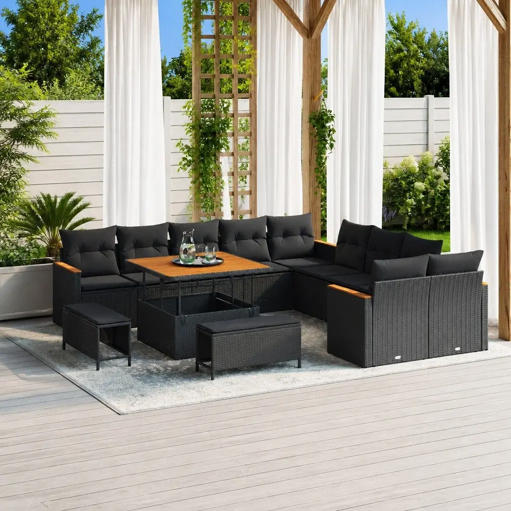 Garden Sofa Set Poly Rattan Solid Acacia Wood 13 Piece Black Outdoor Furniture